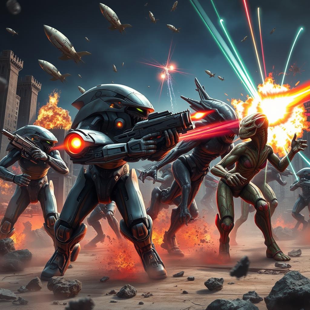 A thrilling and action-packed scene depicting an epic battle between futuristic robotic warriors and alien creatures
