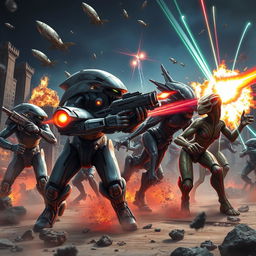 A thrilling and action-packed scene depicting an epic battle between futuristic robotic warriors and alien creatures