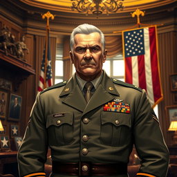 A powerful and commanding figure dressed in a military uniform with a rank insignia above general, representing the highest echelon of military leadership in the United States