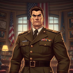 A powerful and commanding figure dressed in a military uniform with a rank insignia above general, representing the highest echelon of military leadership in the United States