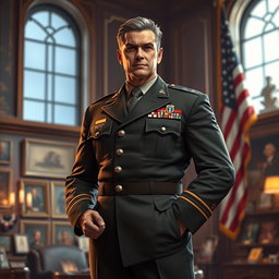 A powerful and commanding figure dressed in a military uniform with a rank insignia above general, representing the highest echelon of military leadership in the United States