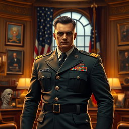 A powerful and commanding figure dressed in a military uniform with a rank insignia above general, representing the highest echelon of military leadership in the United States