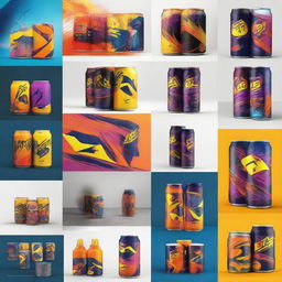 Create a moodboard for a new energy drink company 'BDE', featuring vibrant colors, dynamic shapes, lightning symbols, and high-energy visuals to embody the dynamic spirit of the brand.