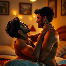 A sensual and intimate scene featuring a romantic couple, both men, in a cozy bedroom setting in India