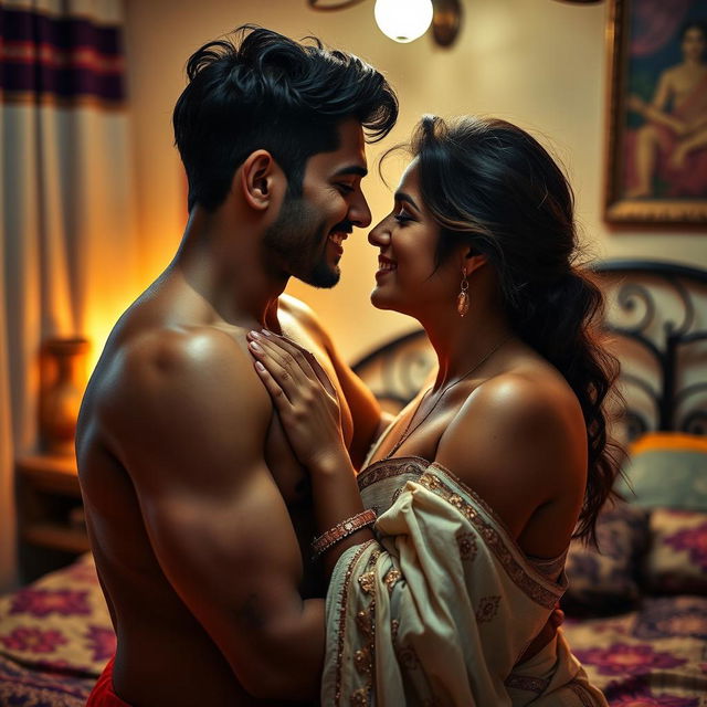A sensual and intimate scene featuring a romantic couple, both men, in a cozy bedroom setting in India