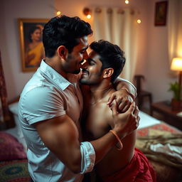 A sensual and intimate scene featuring a romantic couple, both men, in a cozy bedroom setting in India
