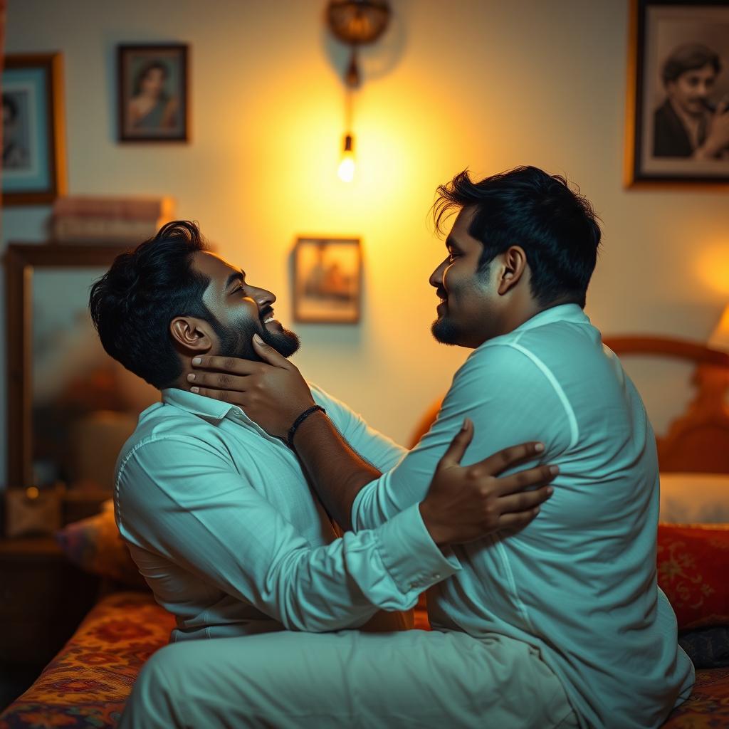 A sensual and intimate scene featuring a romantic couple, both men, in a cozy bedroom setting in India
