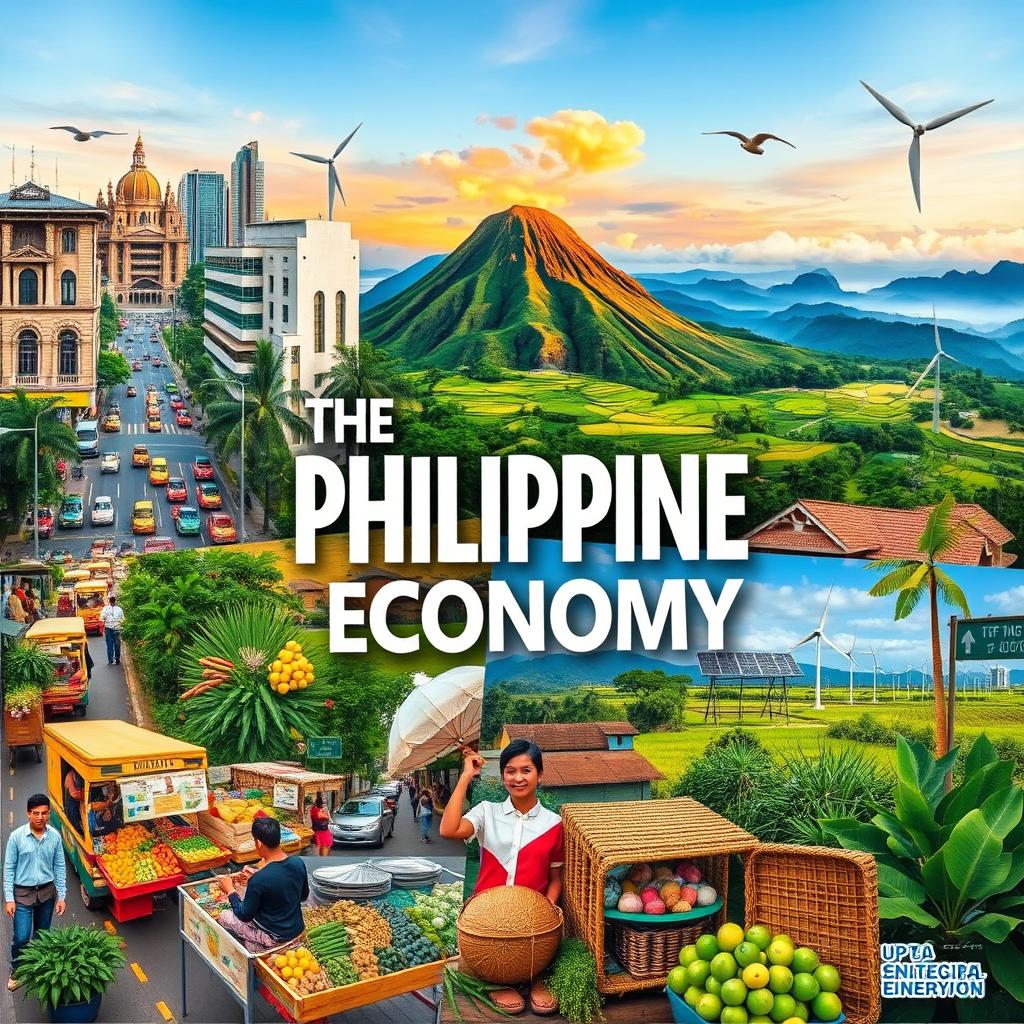 A vibrant collage showcasing the Philippine economy, featuring key elements like the bustling streets of Manila with jeepneys, rice fields, and the iconic Taal Volcano