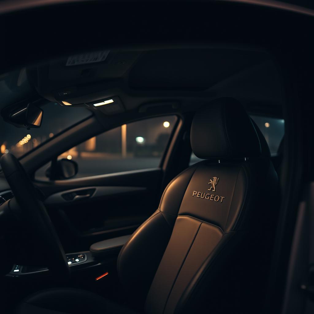 A close-up shot of the driver seat in a luxurious white Peugeot car at night