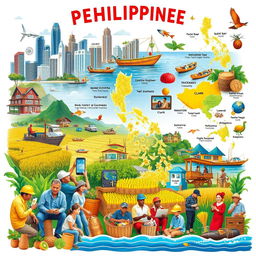 A vibrant and informative collage depicting the various elements of the Philippine economy
