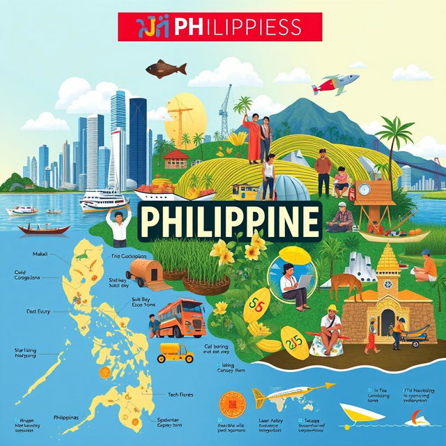 A vibrant and informative collage depicting the various elements of the Philippine economy