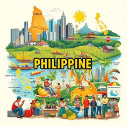 A vibrant and informative collage depicting the various elements of the Philippine economy