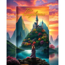 A captivating book cover design featuring an enchanting fantasy landscape with towering green mountains and a shimmering lake in the foreground