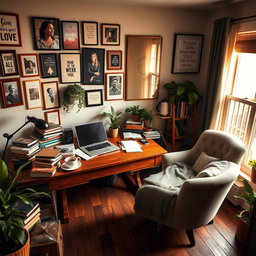 A cozy, intimate home office setting with a large wooden desk cluttered with books, a laptop, and a steaming cup of coffee