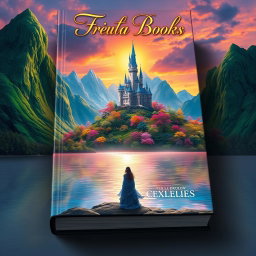 A captivating book cover design featuring an enchanting fantasy landscape with towering green mountains and a shimmering lake in the foreground