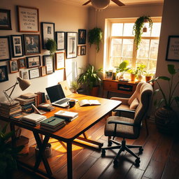 A cozy, intimate home office setting with a large wooden desk cluttered with books, a laptop, and a steaming cup of coffee