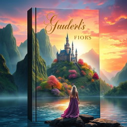 A captivating book cover design featuring an enchanting fantasy landscape with towering green mountains and a shimmering lake in the foreground