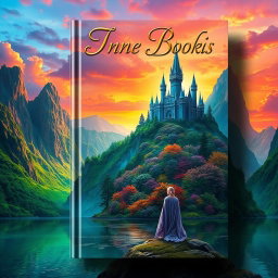 A captivating book cover design featuring an enchanting fantasy landscape with towering green mountains and a shimmering lake in the foreground