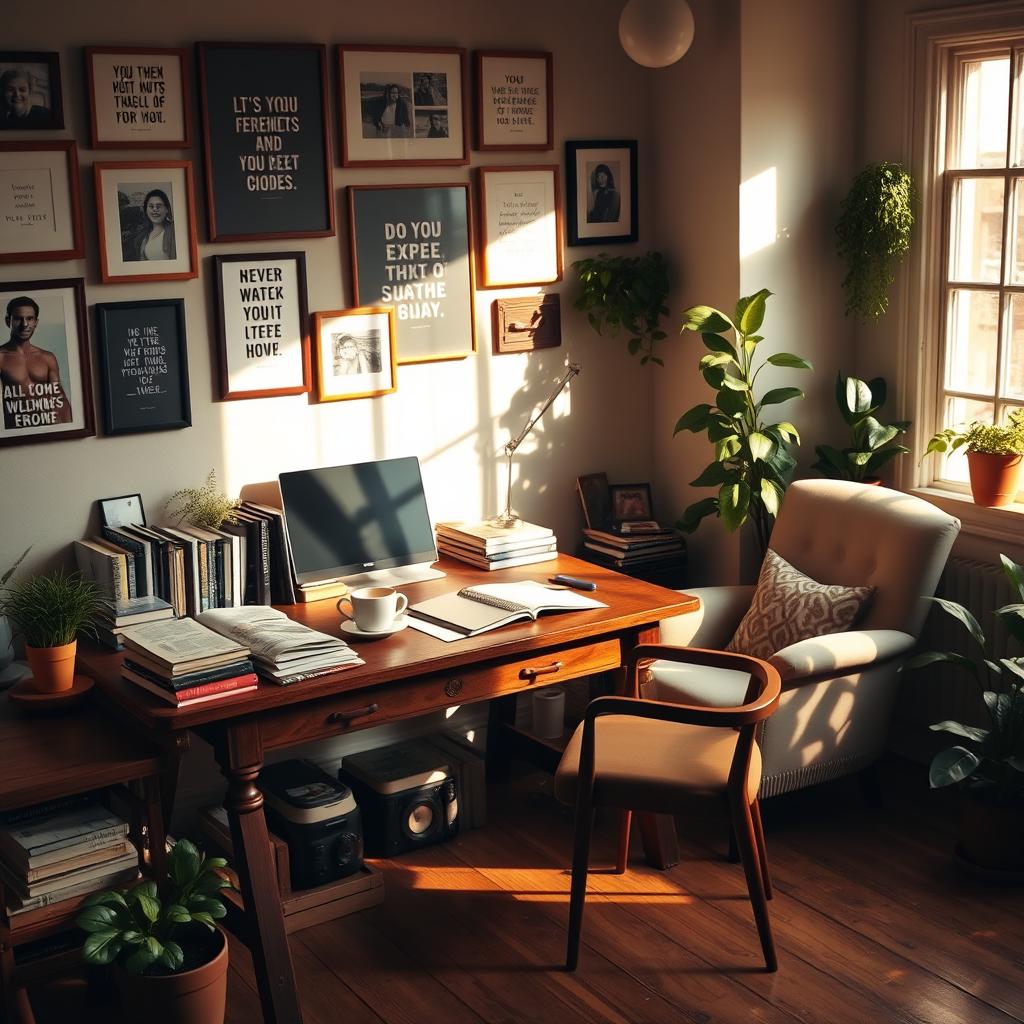 A cozy, intimate home office setting with a large wooden desk cluttered with books, a laptop, and a steaming cup of coffee