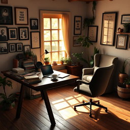 A cozy, intimate home office setting with a large wooden desk cluttered with books, a laptop, and a steaming cup of coffee