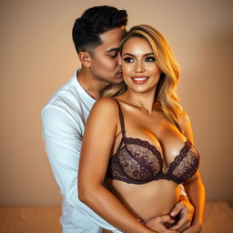 A 39-year-old Indonesian man with pure white skin is hugging a beautiful 28-year-old woman from behind in an affectionate manner, kissing her cheek gently