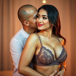 A 39-year-old Indonesian man with pure white skin is hugging a beautiful 28-year-old woman from behind in an affectionate manner, kissing her cheek gently