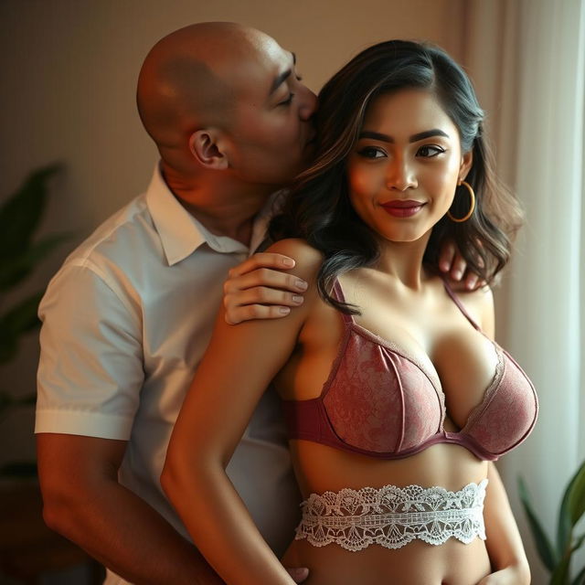 A 39-year-old Indonesian man with pure white skin is hugging a beautiful 28-year-old woman from behind in an affectionate manner, kissing her cheek gently