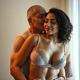 A 39-year-old Indonesian man with pure white skin is hugging a beautiful 28-year-old woman from behind in an affectionate manner, kissing her cheek gently