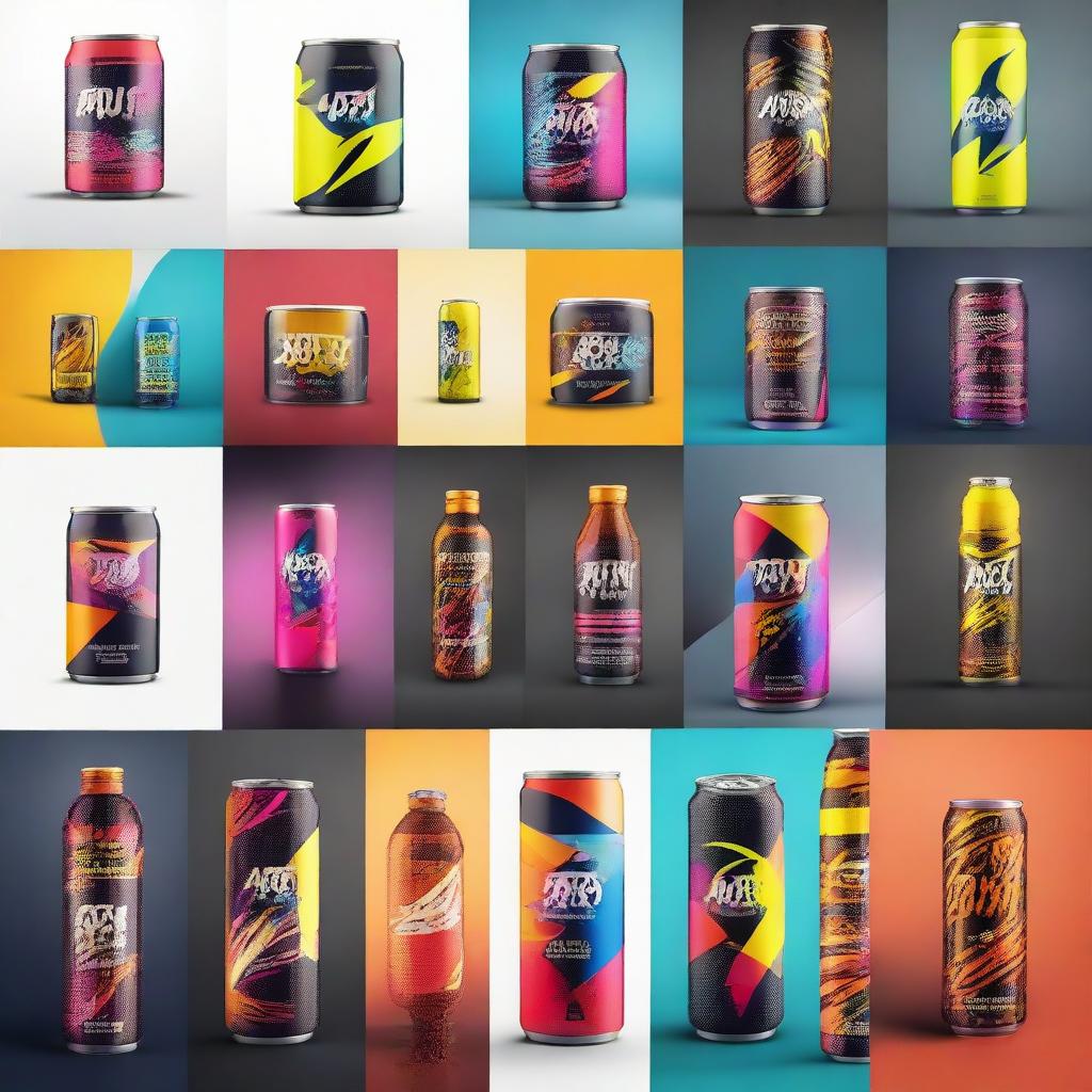 Create a moodboard for a new energy drink company 'BDE', featuring vibrant colors, dynamic shapes, lightning symbols, and high-energy visuals to embody the dynamic spirit of the brand.