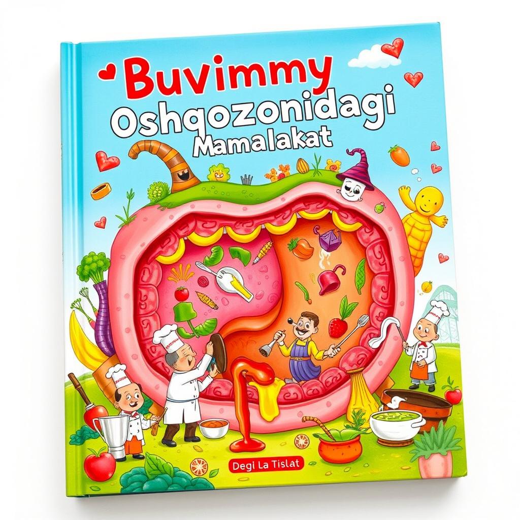 A colorful and whimsical book cover featuring a fantastical country inside a stomach, illustrated in a cartoon style