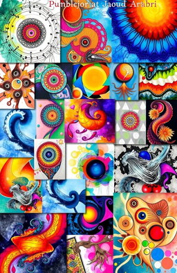 A vibrant collage showcasing the diverse artworks of Kholoud Al Jabri, featuring abstract designs, intricate patterns, and vivid colors