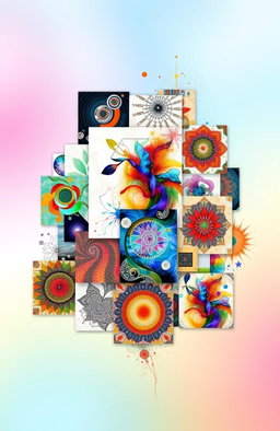 A vibrant collage showcasing the diverse artworks of Kholoud Al Jabri, featuring abstract designs, intricate patterns, and vivid colors
