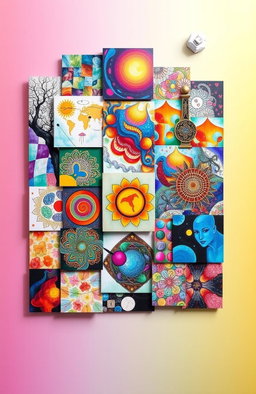 A vibrant collage showcasing the diverse artworks of Kholoud Al Jabri, featuring abstract designs, intricate patterns, and vivid colors