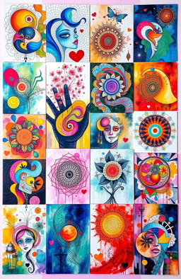 A vibrant collage showcasing the diverse artworks of Kholoud Al Jabri, featuring abstract designs, intricate patterns, and vivid colors