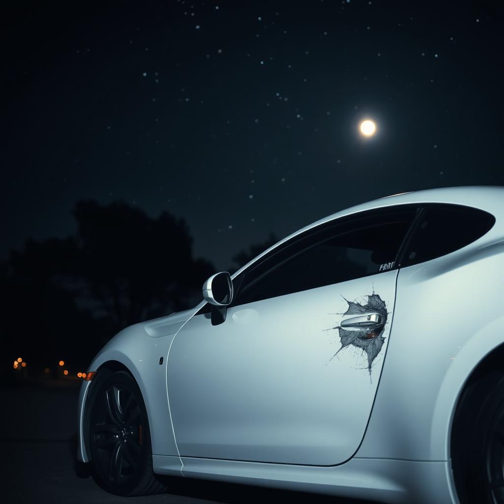 A white Persian car parked under a starry night sky, with a bullet hole on the driver’s side door, showcasing the contrast between the pristine white paint of the car and the dark, mysterious night