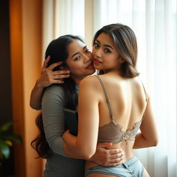 A 39-year-old Indonesian man with pure white skin embraces a stunning 28-year-old woman from behind in an affectionate pose, gently kissing her cheek