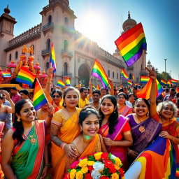 A vibrant celebration of LGBTQ+ pride in India, featuring a diverse group of joyful individuals dressed in colorful traditional attire, with rainbow flags waving proudly