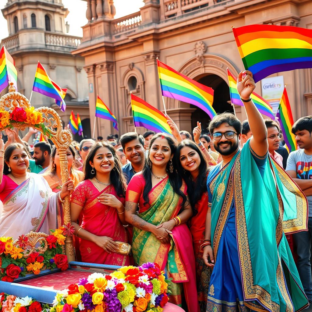 A vibrant celebration of LGBTQ+ pride in India, featuring a diverse group of joyful individuals dressed in colorful traditional attire, with rainbow flags waving proudly