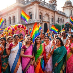A vibrant celebration of LGBTQ+ pride in India, featuring a diverse group of joyful individuals dressed in colorful traditional attire, with rainbow flags waving proudly