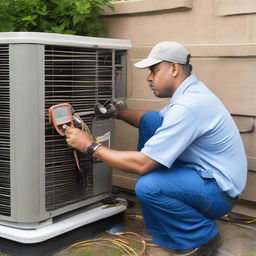 An air conditioning mechanic, professionally equipped with tools, working diligently on an intricate air conditioning unit in a residential setting.