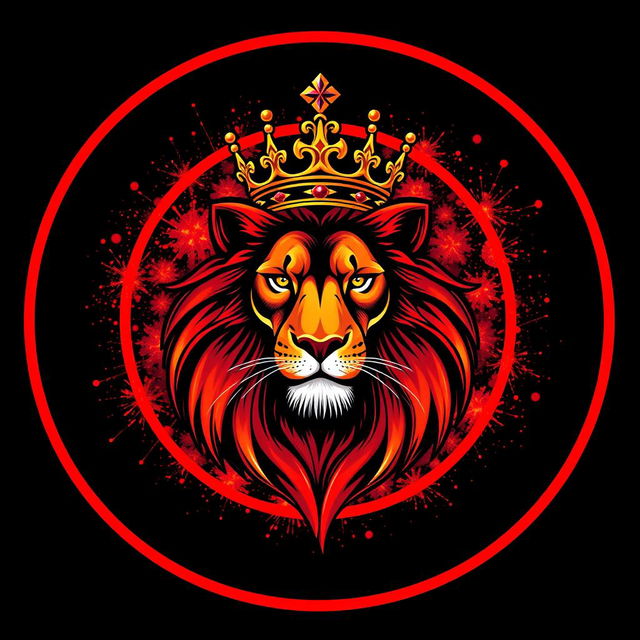 A circular Telegram profile picture featuring a stunning and beautifully designed lion with a royal crown, rendered in vibrant real colors