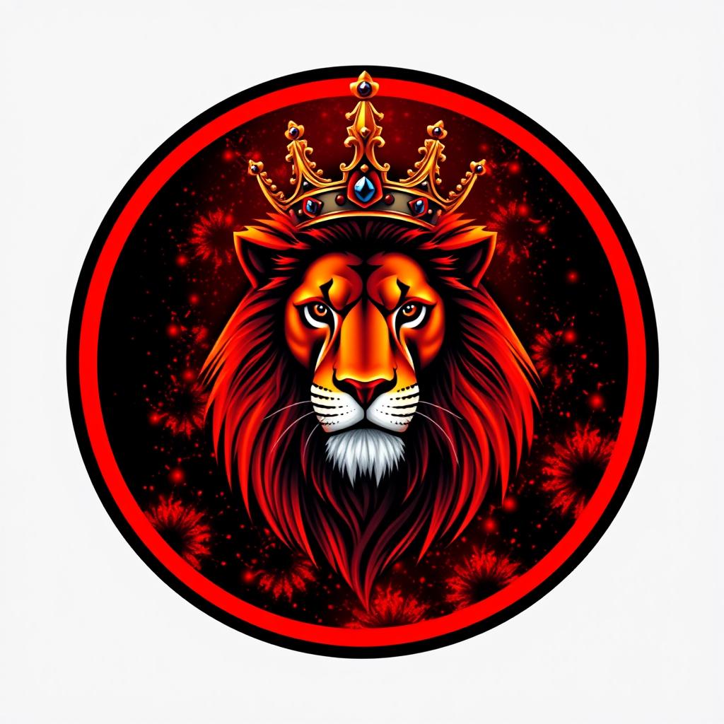 A circular Telegram profile picture featuring a stunning and beautifully designed lion with a royal crown, rendered in vibrant real colors