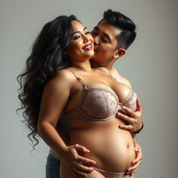 A passionate scene featuring a 39-year-old Indonesian man with pure white skin, affectionately hugging a beautiful 28-year-old woman from behind