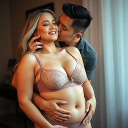 A passionate scene featuring a 39-year-old Indonesian man with pure white skin, affectionately hugging a beautiful 28-year-old woman from behind