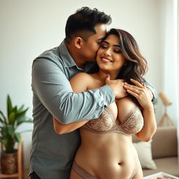 A passionate scene featuring a 39-year-old Indonesian man with pure white skin, affectionately hugging a beautiful 28-year-old woman from behind