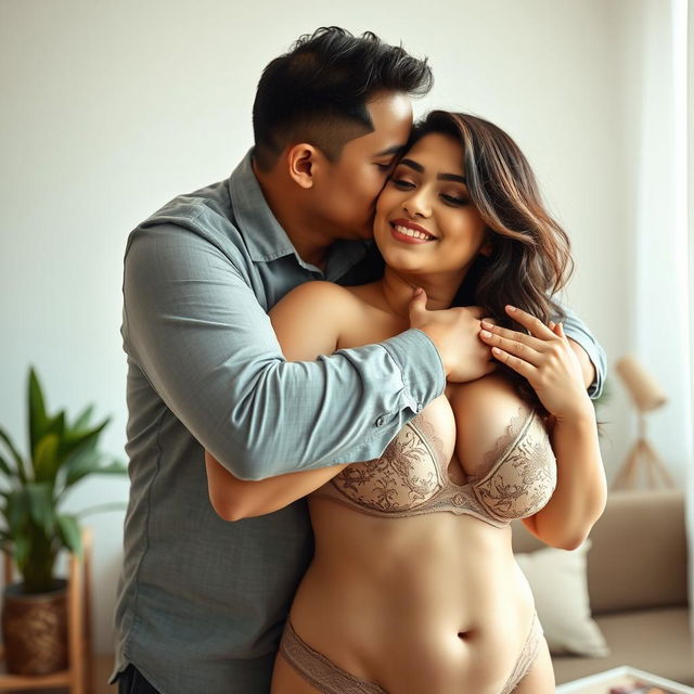 A passionate scene featuring a 39-year-old Indonesian man with pure white skin, affectionately hugging a beautiful 28-year-old woman from behind