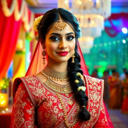 A stunning Indian bride adorned in a traditional bridal outfit, featuring vibrant red and gold colors rich in intricate designs