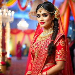 A stunning Indian bride adorned in a traditional bridal outfit, featuring vibrant red and gold colors rich in intricate designs