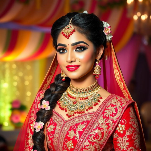 A stunning Indian bride adorned in a traditional bridal outfit, featuring vibrant red and gold colors rich in intricate designs