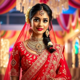 A stunning Indian bride adorned in a traditional bridal outfit, featuring vibrant red and gold colors rich in intricate designs